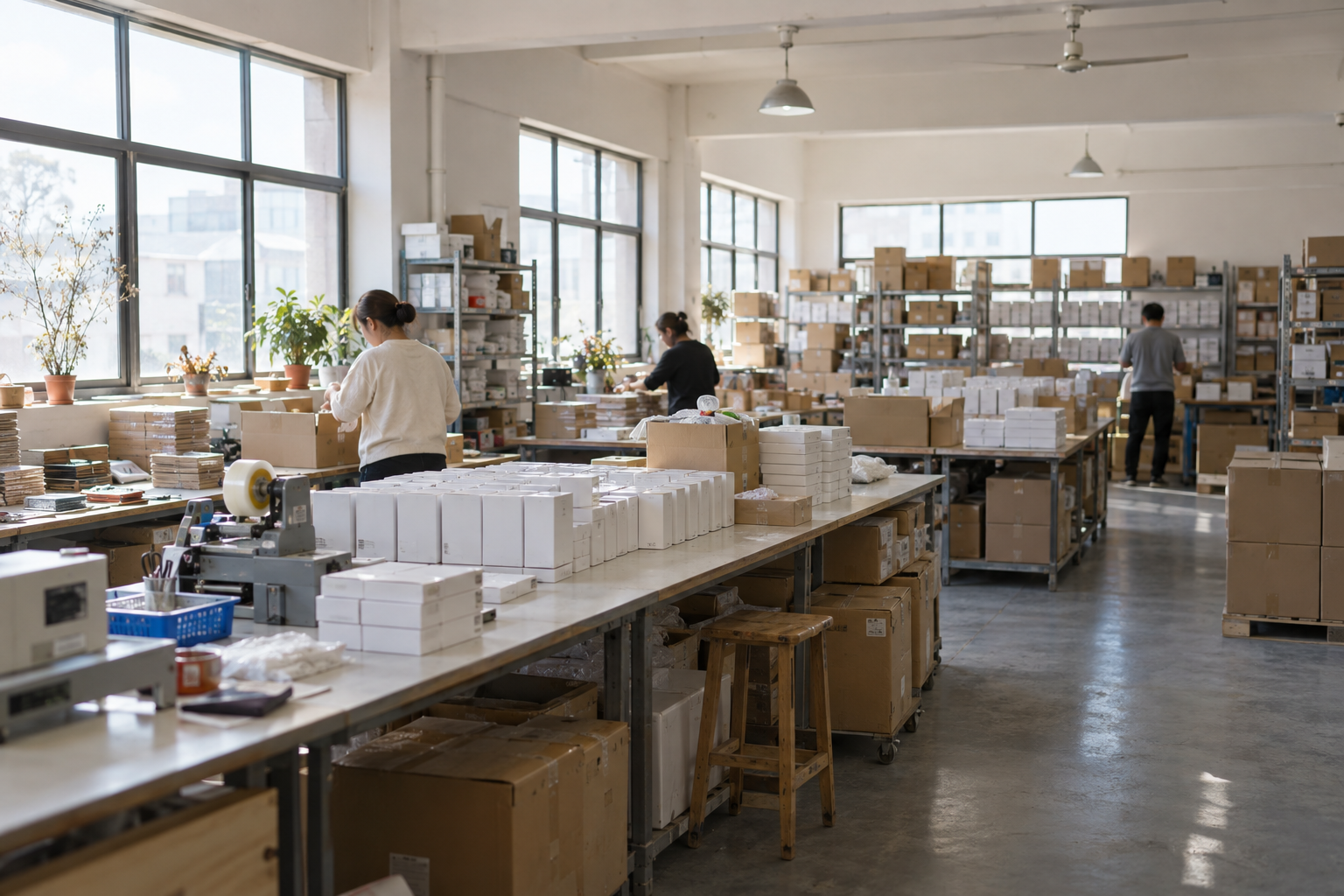 Wide view of a softly lit packaging workshop with worktables, cartons and workers seen from behind