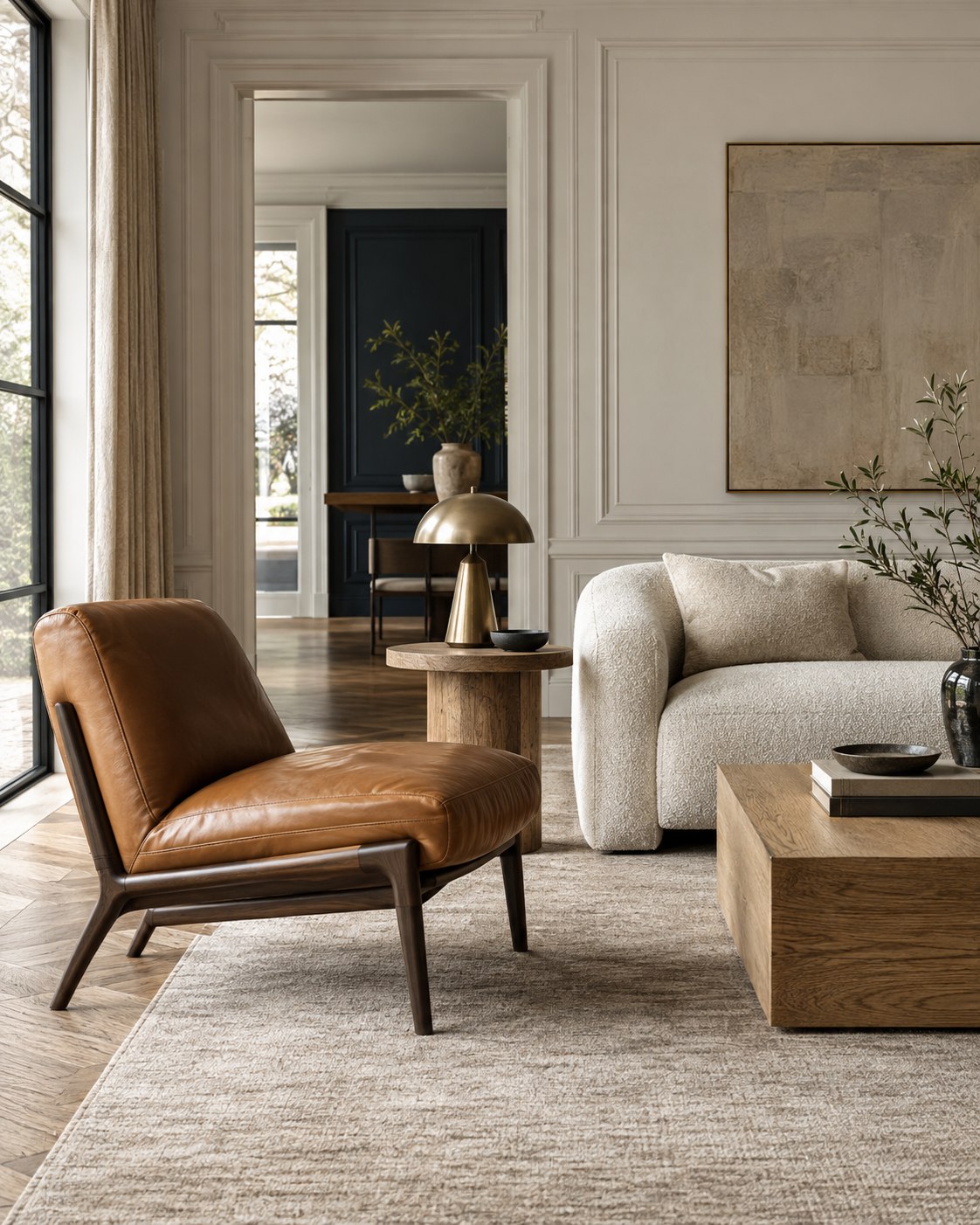 Leather seating, oak furniture and soft upholstery in an elegant interior