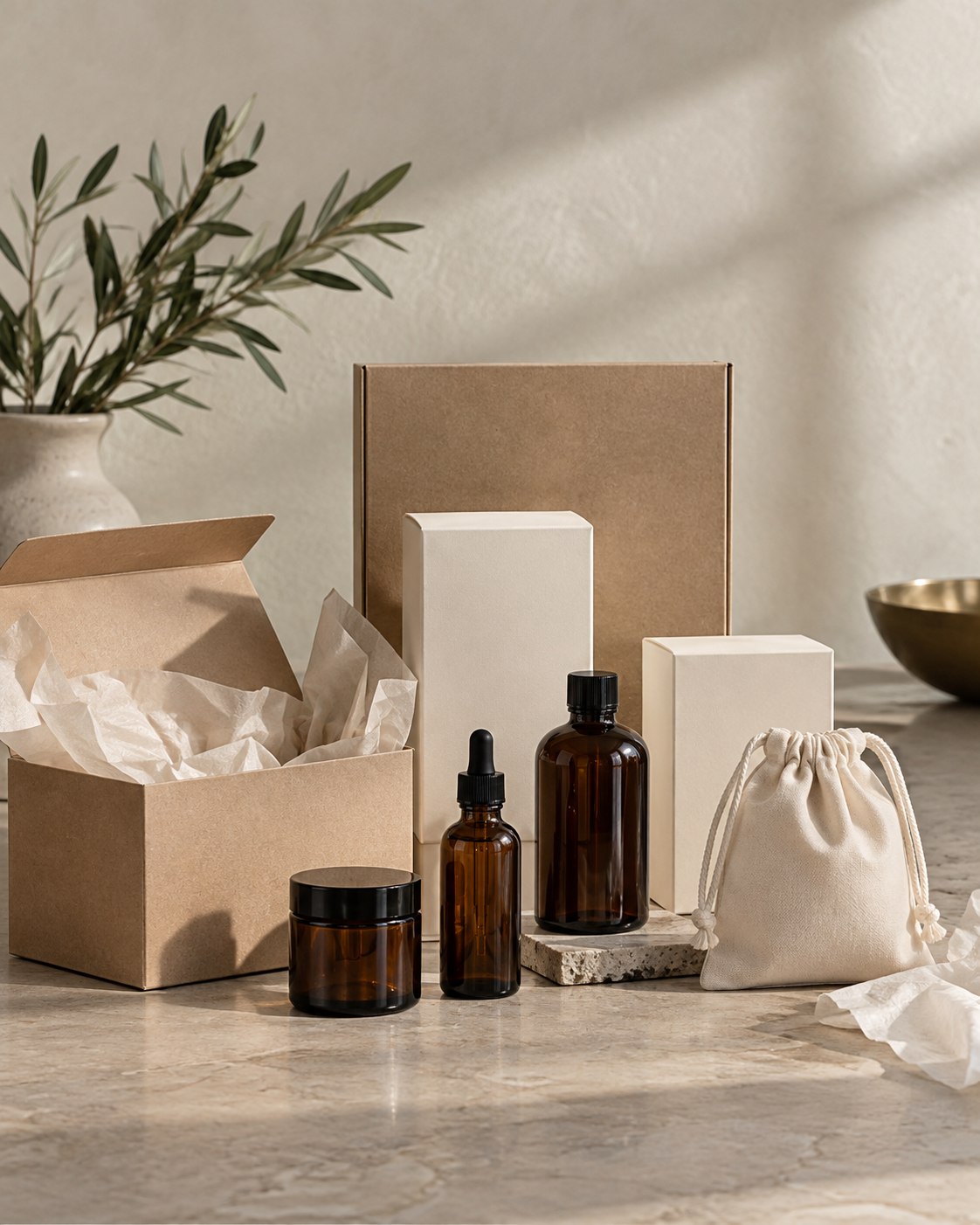 Unbranded cartons, kraft packaging, amber containers and cotton pouches