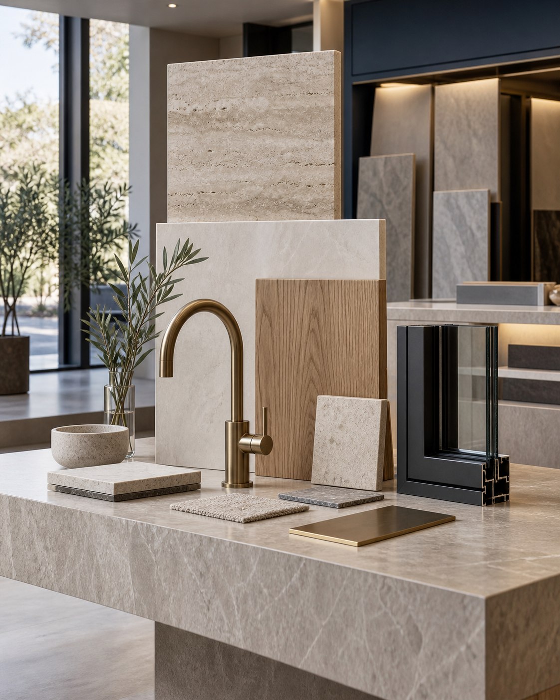 Travertine, tile and wood samples with brass fittings and a window frame